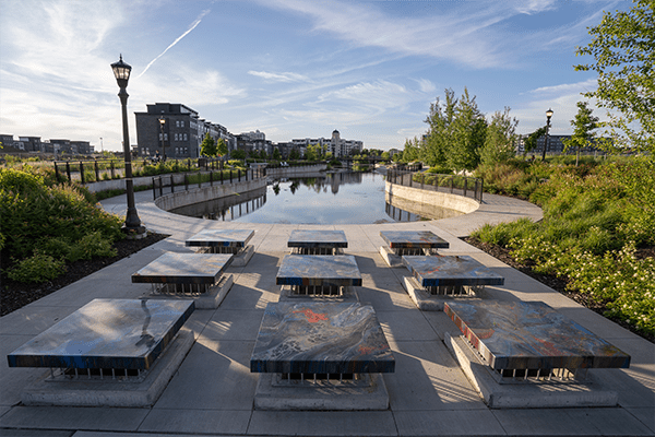 The Highland Bridge district stormwater management system supports the transformation of a former industrial riverfront site in Saint Paul, Minnesota, into a sustainability-focused, mixed‑use community.