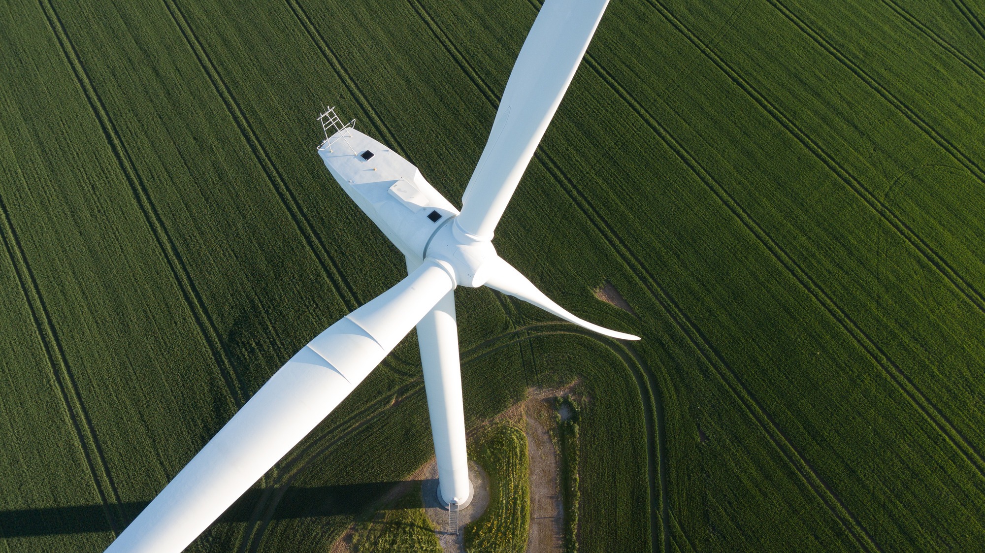 Aerial overhead view of a wind turbine