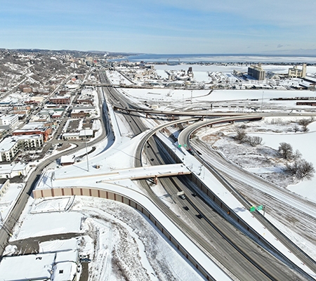 An aerial view of Duluth's Twin Ports Interchange in winter.
