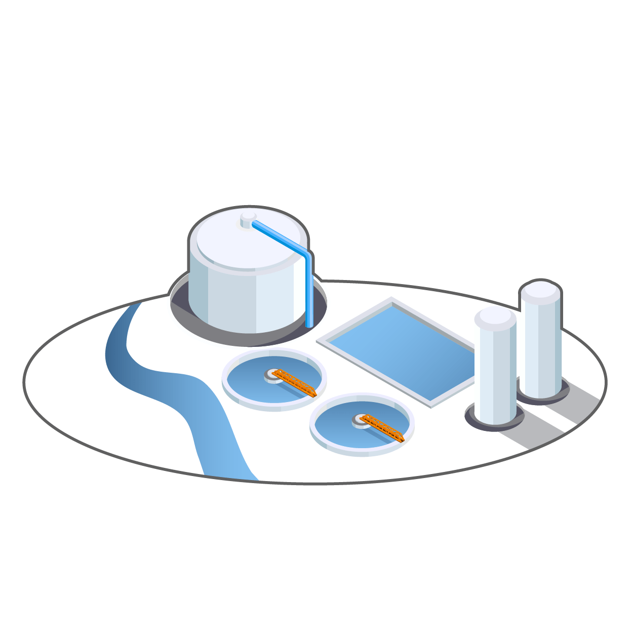 Graphic of an industrial water treatment facility with storage tanks, basins, and pipes.