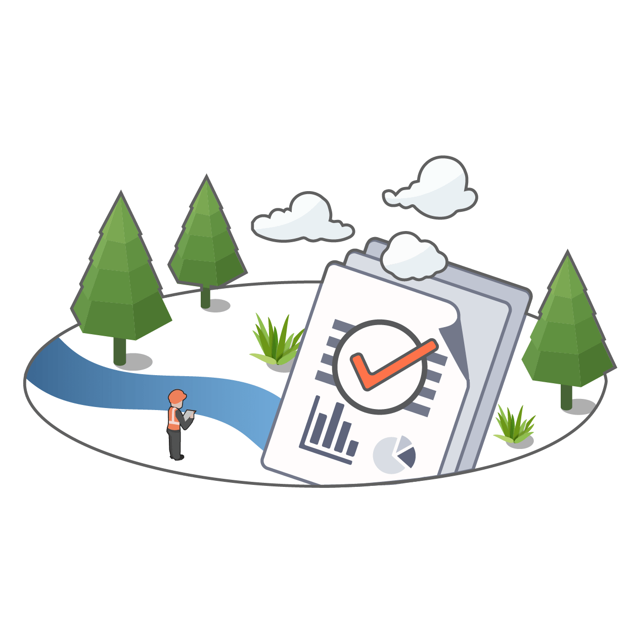 Graphic of a stack of documents with charts and a checkmark in the foreground, set within a landscape with trees, clouds, and a stream, representing environmental permitting and air permitting.