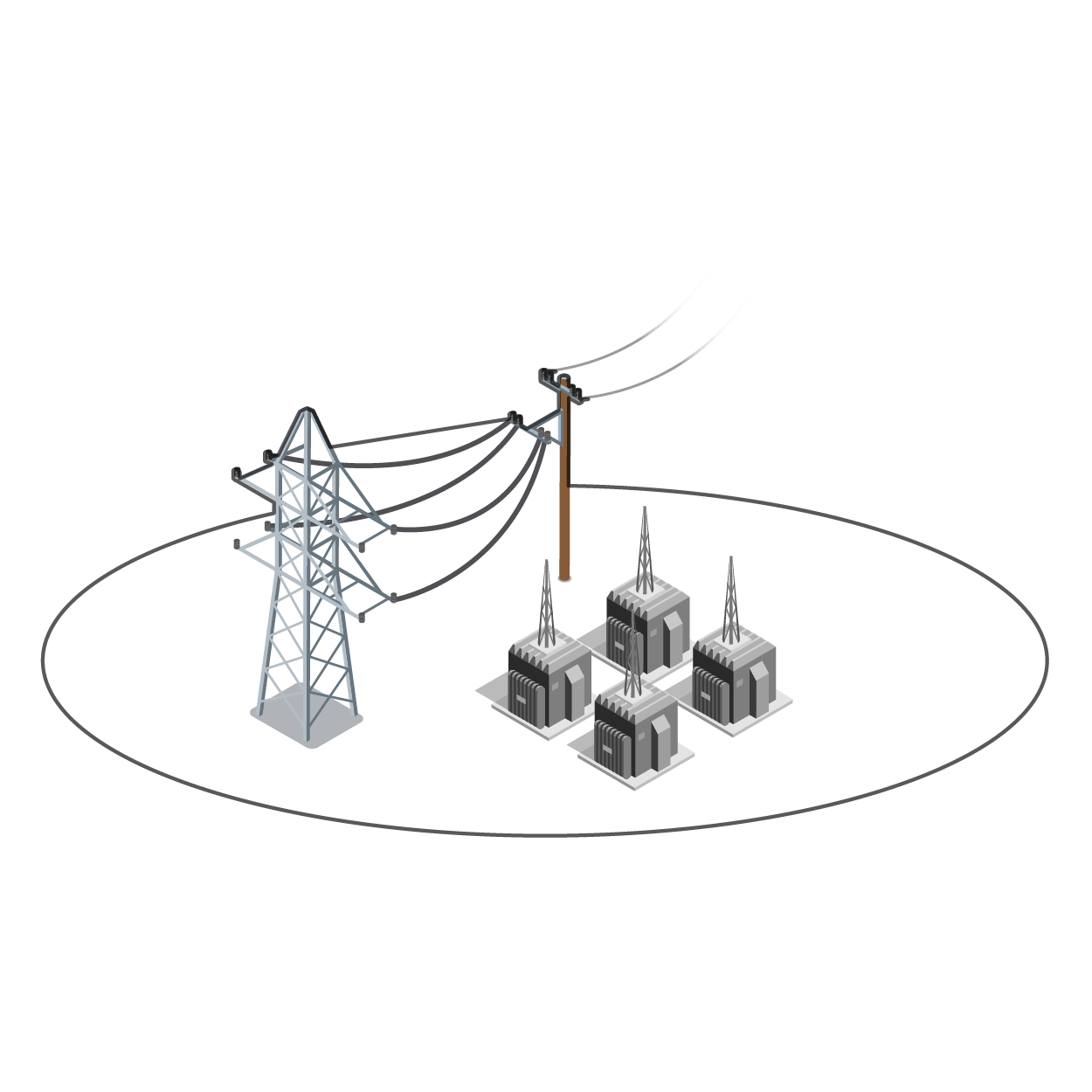 Graphic of electrical transmission infrastructure featuring a lattice transmission tower, power lines, a utility pole, and a small substation.
