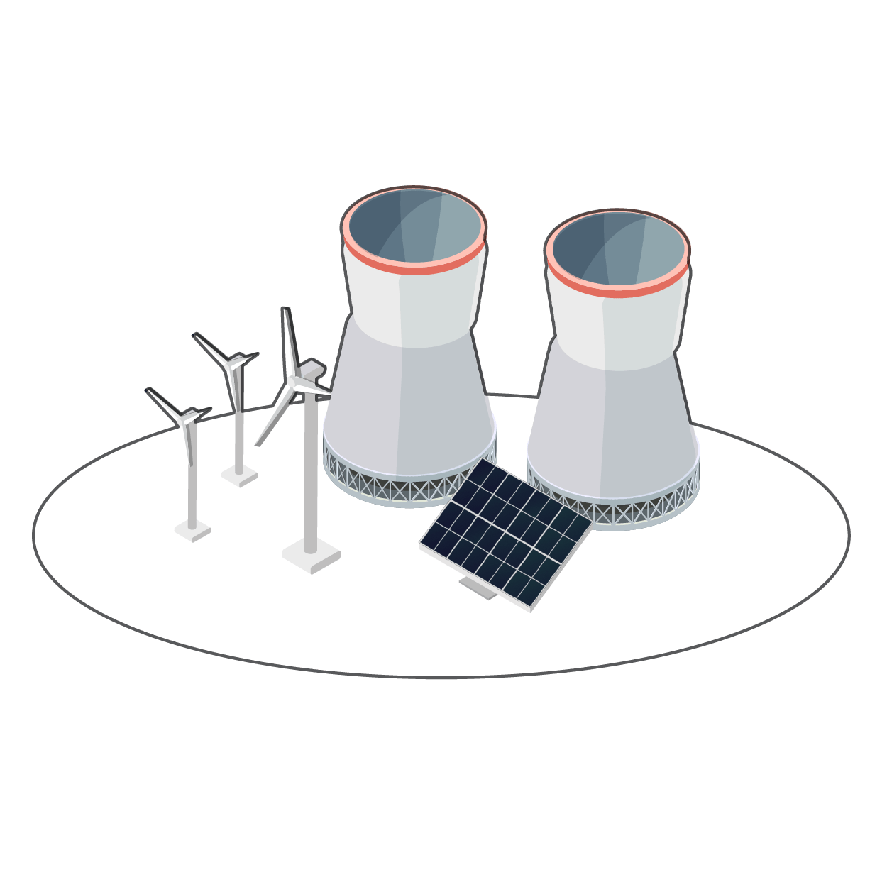 Graphic of a power generation site with two large cooling towers, wind turbines, and a solar panel array representing multiple energy sources.