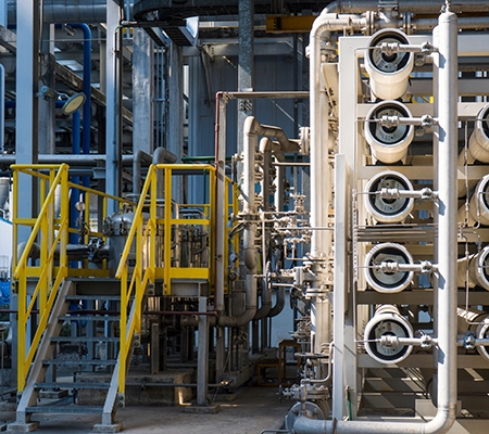 A wide shot of a complex industrial water treatment facility. Multiple white reverse osmosis membrane pressure vessels are arranged in a rack, connected by a network of stainless steel pipes and valves, and by a metal staircase with yellow safety handrails.