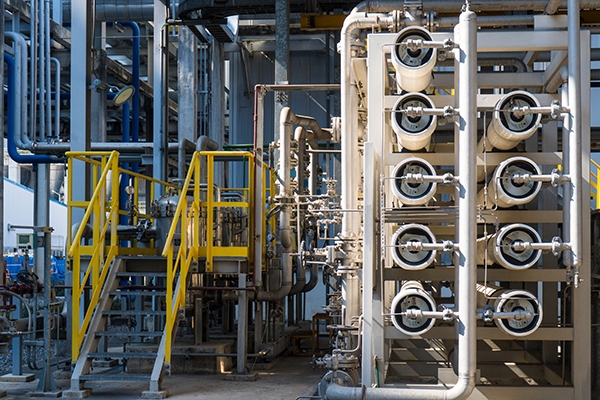 A wide shot of a complex industrial water treatment facility. Multiple white reverse osmosis membrane pressure vessels are arranged in a rack, connected by a network of stainless steel pipes and valves, and by a metal staircase with yellow safety handrails.