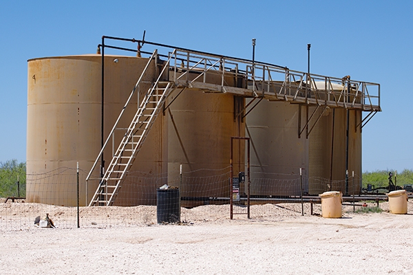 Tank batteries used to store crude oil.